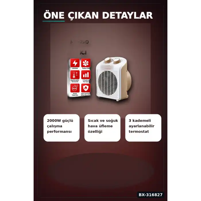 Fanlı Isıtıcı 2000W Turbo Sıcak Soğuk 3 Kademeli Hız Ayarlı Ortam Isıtıcısı BX-316827