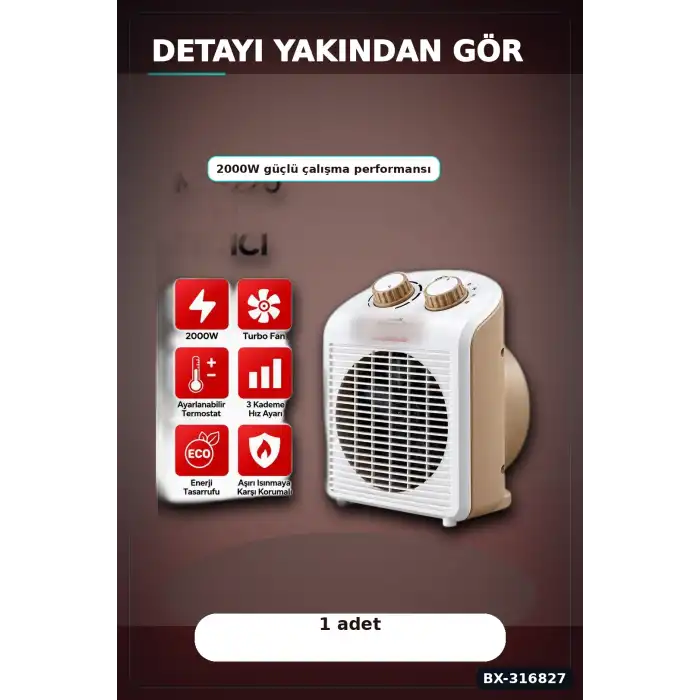 Fanlı Isıtıcı 2000W Turbo Sıcak Soğuk 3 Kademeli Hız Ayarlı Ortam Isıtıcısı BX-316827