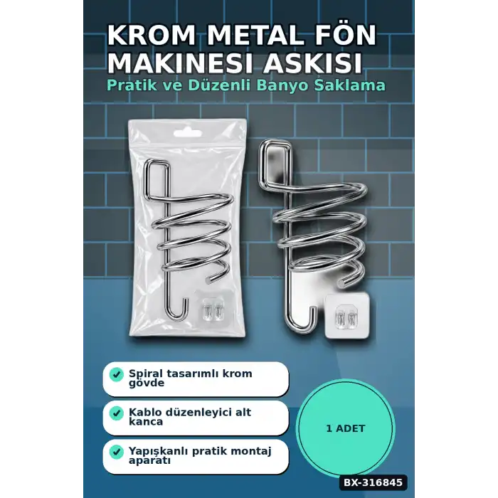 Fön Makinesi Askısı Krom Metal Banyo Fönlük Kendinden Yapışkan Askı Aparatı BX-316845