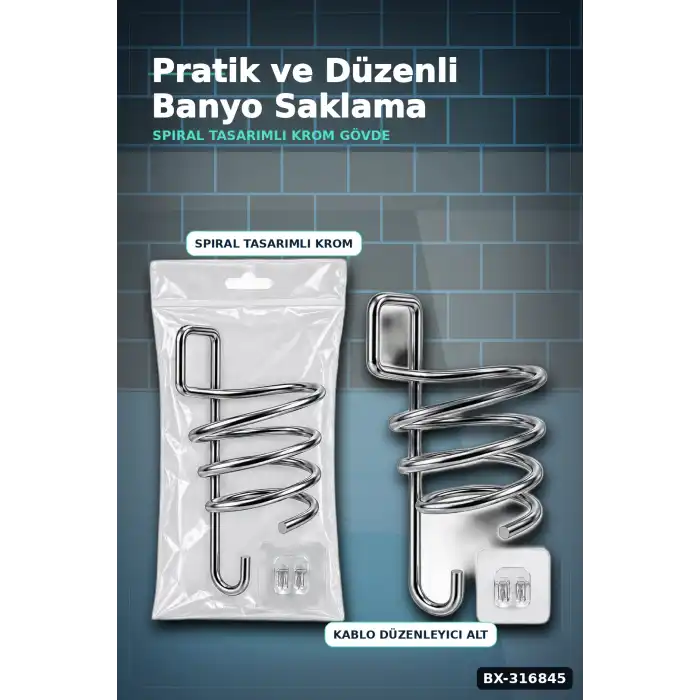 Fön Makinesi Askısı Krom Metal Banyo Fönlük Kendinden Yapışkan Askı Aparatı BX-316845