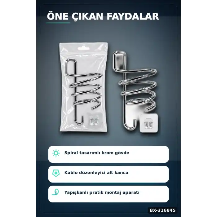 Fön Makinesi Askısı Krom Metal Banyo Fönlük Kendinden Yapışkan Askı Aparatı BX-316845