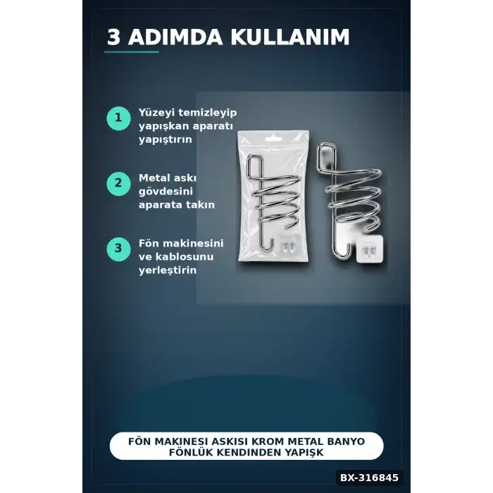 Fön Makinesi Askısı Krom Metal Banyo Fönlük Kendinden Yapışkan Askı Aparatı BX-316845