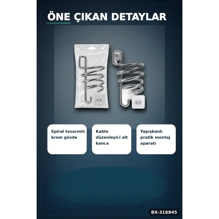 Fön Makinesi Askısı Krom Metal Banyo Fönlük Kendinden Yapışkan Askı Aparatı BX-316845