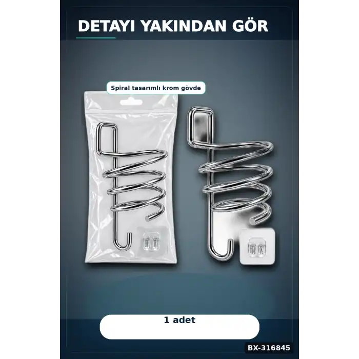 Fön Makinesi Askısı Krom Metal Banyo Fönlük Kendinden Yapışkan Askı Aparatı BX-316845