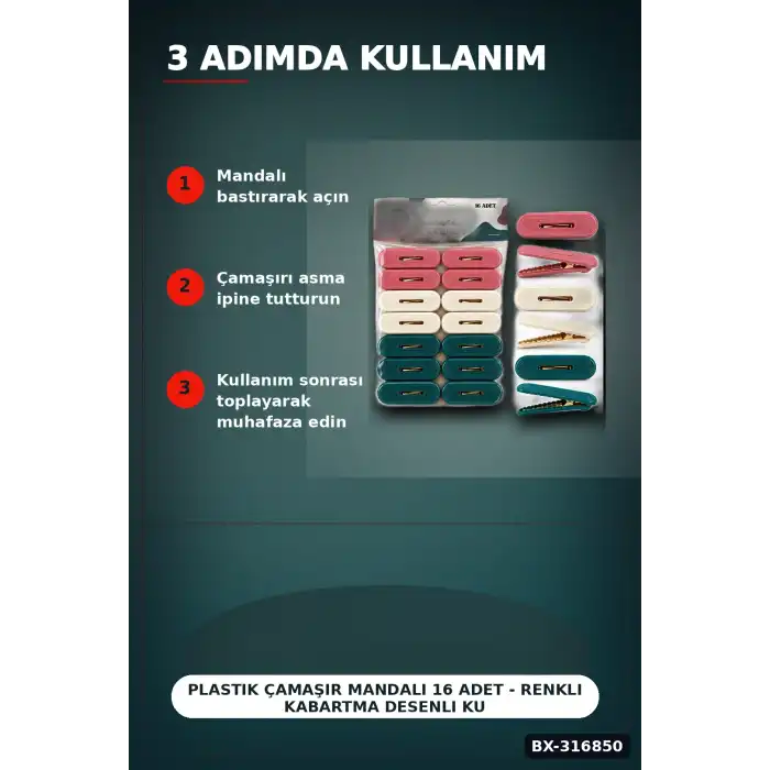 Plastik Çamaşır Mandalı 16 Adet - Renkli Kabartma Desenli Kurutma Mandalı BX-316850