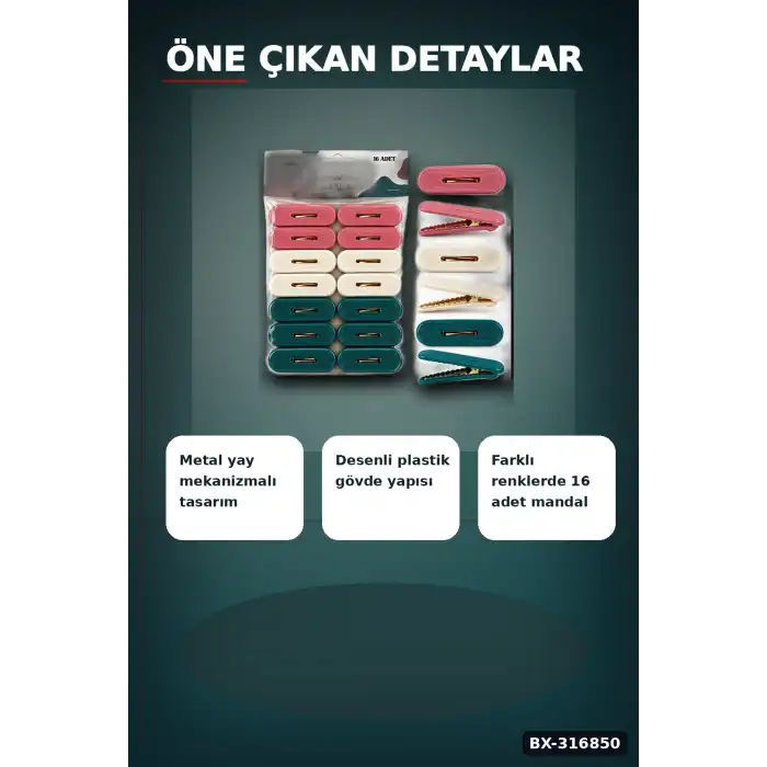 Plastik Çamaşır Mandalı 16 Adet - Renkli Kabartma Desenli Kurutma Mandalı BX-316850