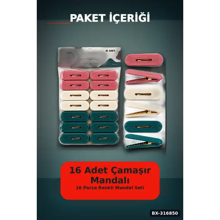Plastik Çamaşır Mandalı 16 Adet - Renkli Kabartma Desenli Kurutma Mandalı BX-316850