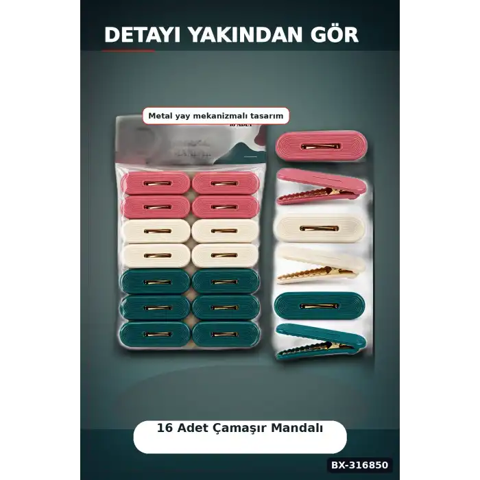 Plastik Çamaşır Mandalı 16 Adet - Renkli Kabartma Desenli Kurutma Mandalı BX-316850