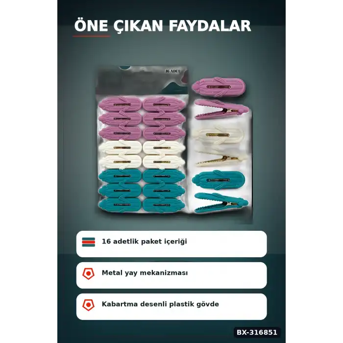 Plastik Çamaşır Mandalı Kabartma Desenli Renkli Çamaşır İpi Mandalı 16 Adet BX-316851