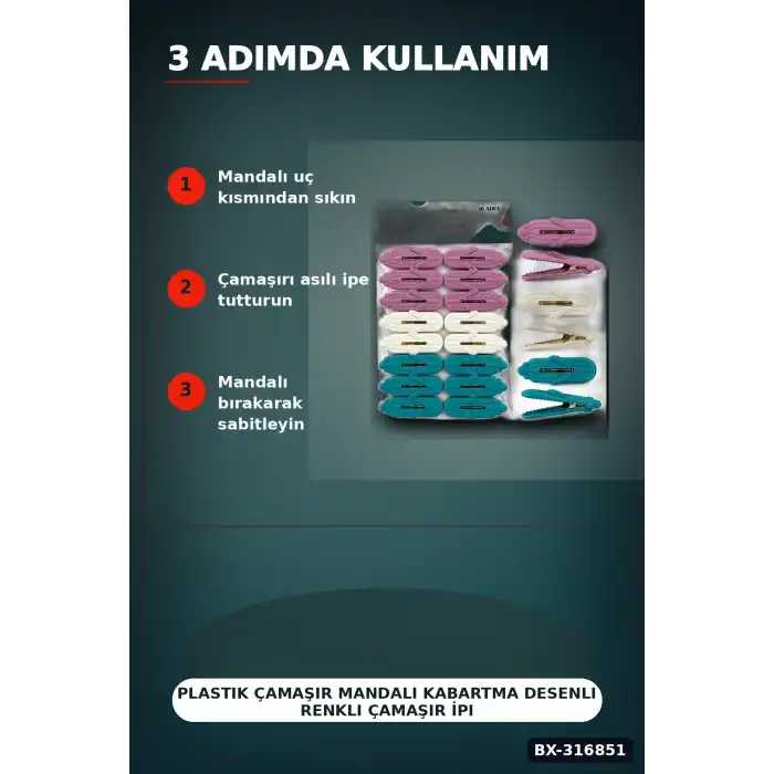 Plastik Çamaşır Mandalı Kabartma Desenli Renkli Çamaşır İpi Mandalı 16 Adet BX-316851