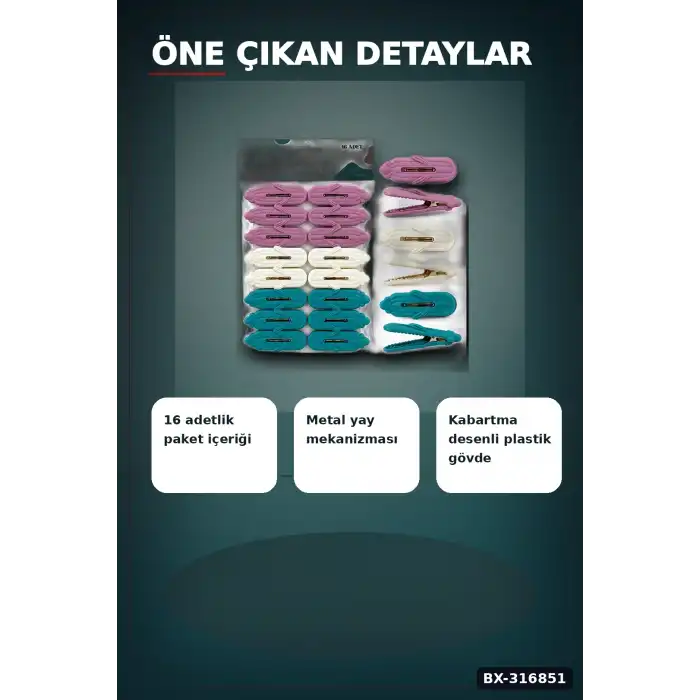 Plastik Çamaşır Mandalı Kabartma Desenli Renkli Çamaşır İpi Mandalı 16 Adet BX-316851