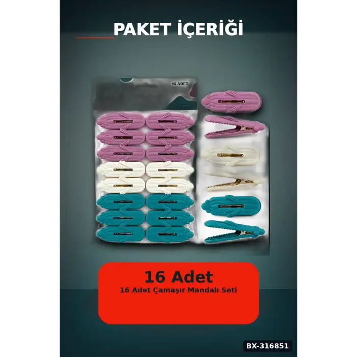 Plastik Çamaşır Mandalı Kabartma Desenli Renkli Çamaşır İpi Mandalı 16 Adet BX-316851