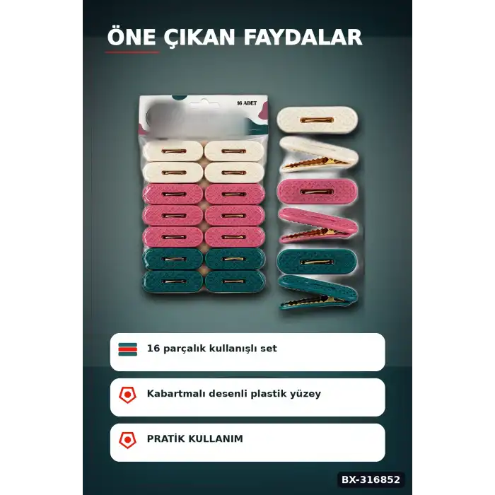 Plastik Çamaşır Mandalı 16 Adet - Kabartma Desenli Renkli Çamaşır Mandalı BX-316852