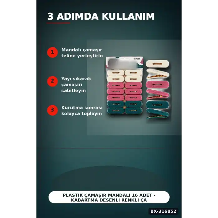 Plastik Çamaşır Mandalı 16 Adet - Kabartma Desenli Renkli Çamaşır Mandalı BX-316852