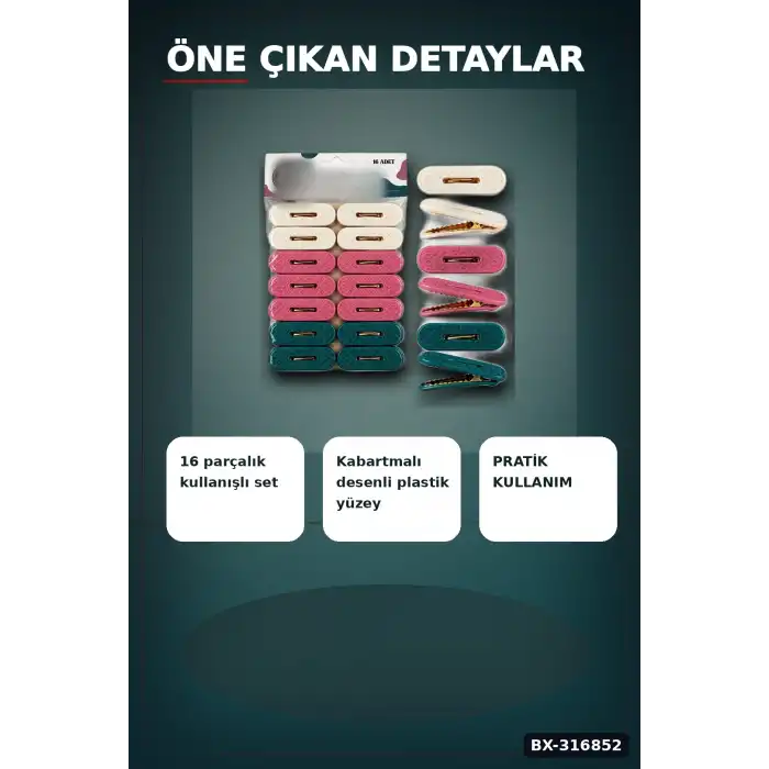 Plastik Çamaşır Mandalı 16 Adet - Kabartma Desenli Renkli Çamaşır Mandalı BX-316852