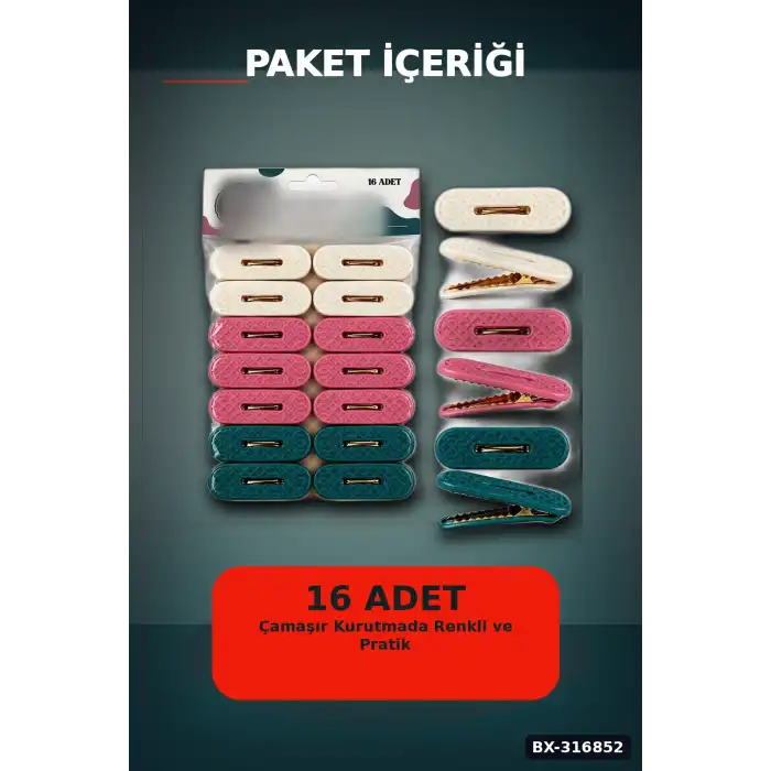 Plastik Çamaşır Mandalı 16 Adet - Kabartma Desenli Renkli Çamaşır Mandalı BX-316852