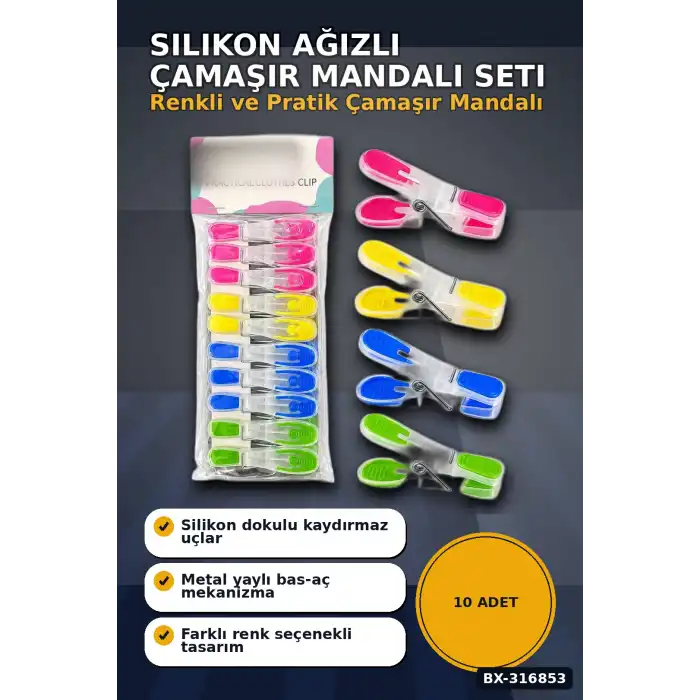 Silikon Ağızlı Şeffaf Plastik Mandal Seti, Bas Aç Pratik Çamaşır Mandalı 10 Adet BX-316853