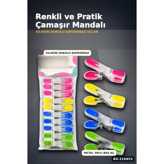 Silikon Ağızlı Şeffaf Plastik Mandal Seti, Bas Aç Pratik Çamaşır Mandalı 10 Adet BX-316853