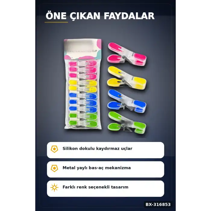 Silikon Ağızlı Şeffaf Plastik Mandal Seti, Bas Aç Pratik Çamaşır Mandalı 10 Adet BX-316853