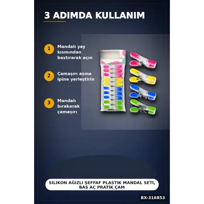 Silikon Ağızlı Şeffaf Plastik Mandal Seti, Bas Aç Pratik Çamaşır Mandalı 10 Adet BX-316853