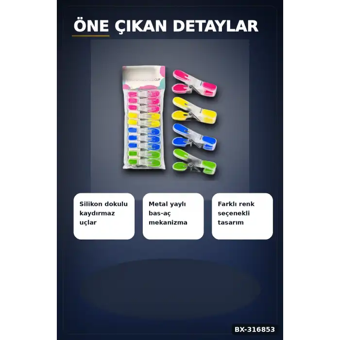 Silikon Ağızlı Şeffaf Plastik Mandal Seti, Bas Aç Pratik Çamaşır Mandalı 10 Adet BX-316853