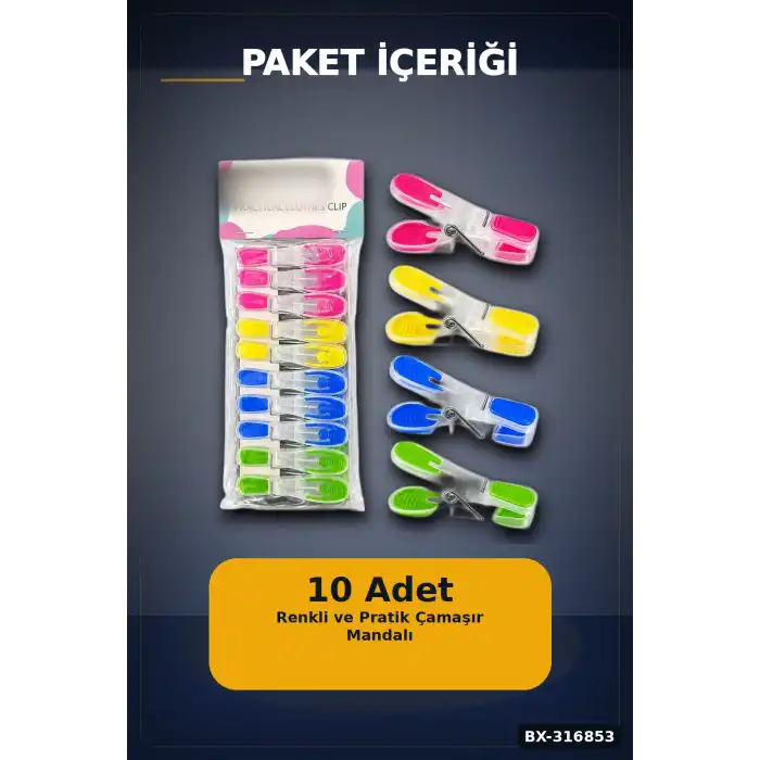 Silikon Ağızlı Şeffaf Plastik Mandal Seti, Bas Aç Pratik Çamaşır Mandalı 10 Adet BX-316853