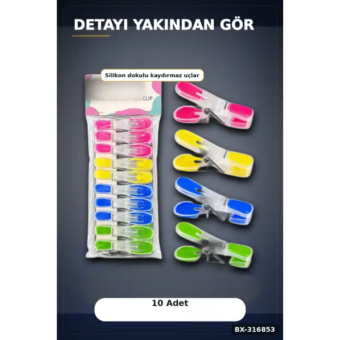 Silikon Ağızlı Şeffaf Plastik Mandal Seti, Bas Aç Pratik Çamaşır Mandalı 10 Adet BX-316853
