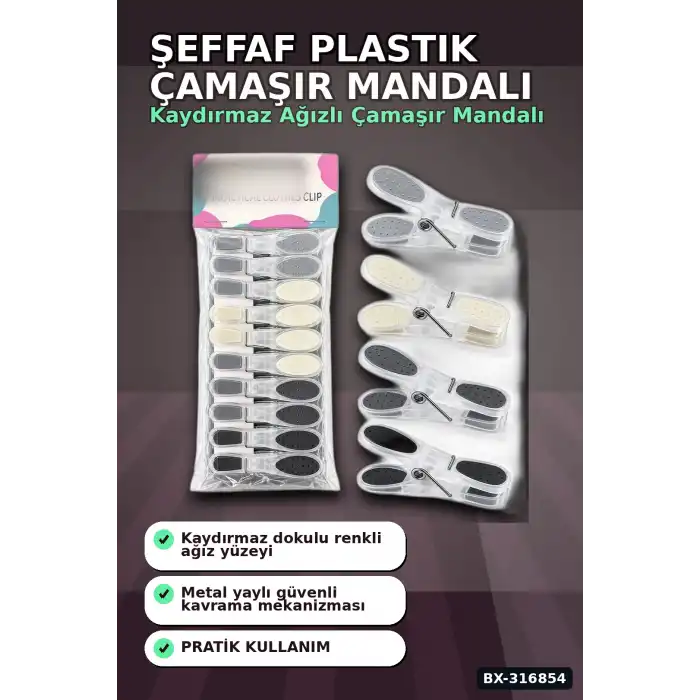 Silikon Ağızlı Şeffaf Plastik Çamaşır Mandalı - Bas Aç Mekanizmalı Renkli Mandal BX-316854