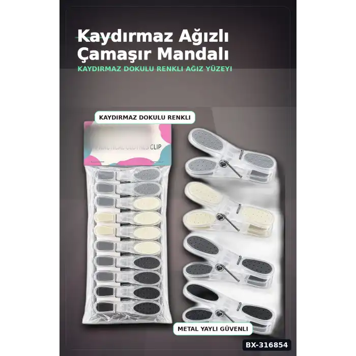 Silikon Ağızlı Şeffaf Plastik Çamaşır Mandalı - Bas Aç Mekanizmalı Renkli Mandal BX-316854