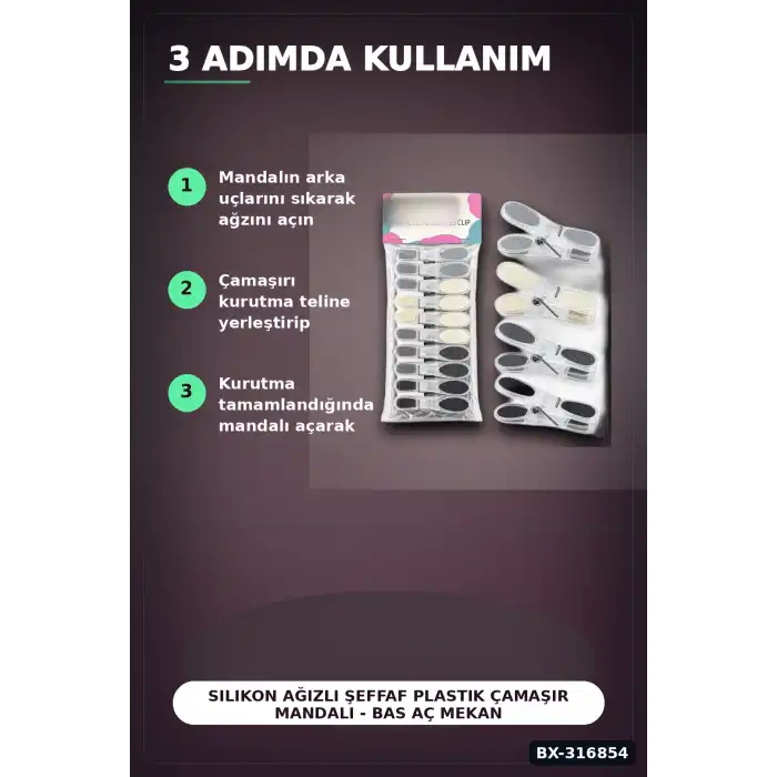 Silikon Ağızlı Şeffaf Plastik Çamaşır Mandalı - Bas Aç Mekanizmalı Renkli Mandal BX-316854