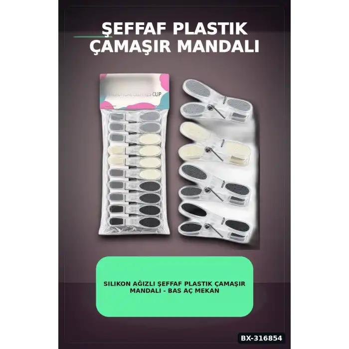 Silikon Ağızlı Şeffaf Plastik Çamaşır Mandalı - Bas Aç Mekanizmalı Renkli Mandal BX-316854