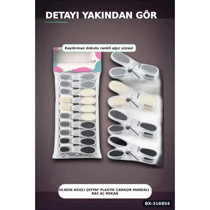 Silikon Ağızlı Şeffaf Plastik Çamaşır Mandalı - Bas Aç Mekanizmalı Renkli Mandal BX-316854