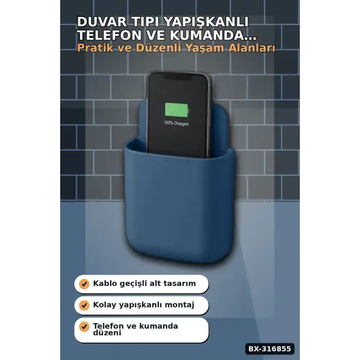 Telefon Ve Kumanda Tutucu Duvar Organizeri, Matkapsız Yapışkanlı Eşya Düzenleyici Kutu BX-316855