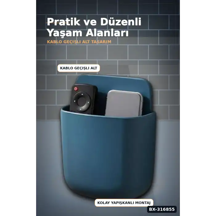 Telefon Ve Kumanda Tutucu Duvar Organizeri, Matkapsız Yapışkanlı Eşya Düzenleyici Kutu BX-316855