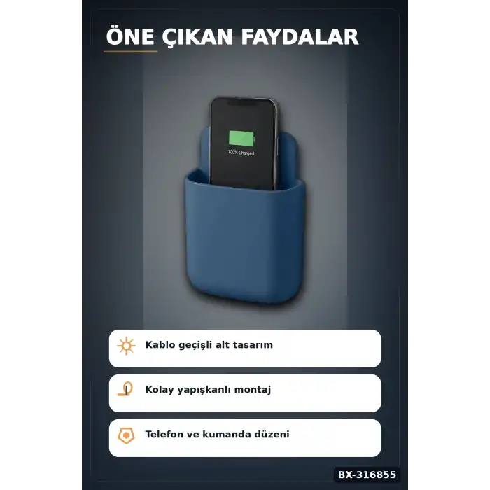 Telefon Ve Kumanda Tutucu Duvar Organizeri, Matkapsız Yapışkanlı Eşya Düzenleyici Kutu BX-316855