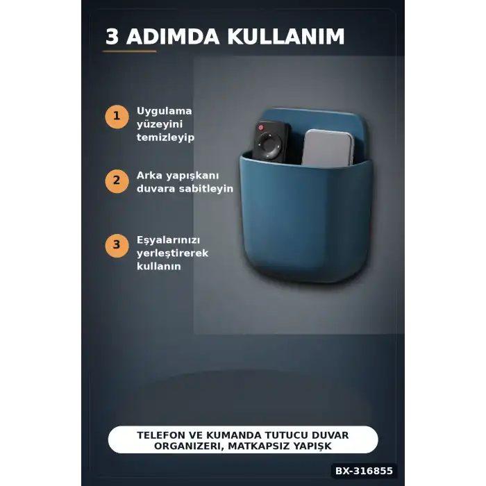 Telefon Ve Kumanda Tutucu Duvar Organizeri, Matkapsız Yapışkanlı Eşya Düzenleyici Kutu BX-316855