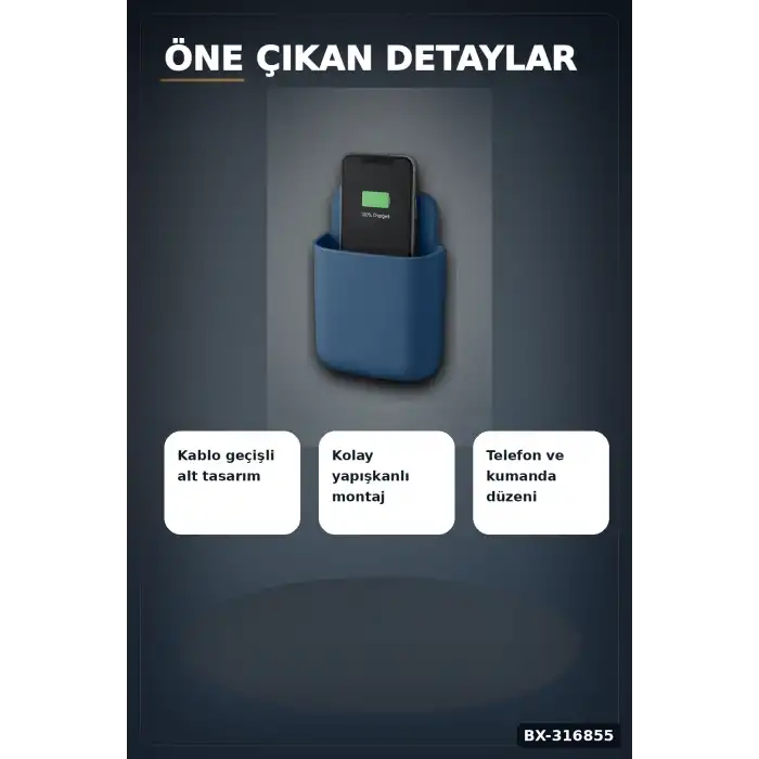 Telefon Ve Kumanda Tutucu Duvar Organizeri, Matkapsız Yapışkanlı Eşya Düzenleyici Kutu BX-316855