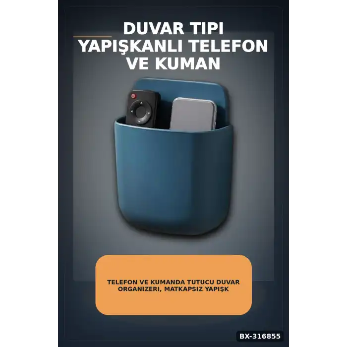 Telefon Ve Kumanda Tutucu Duvar Organizeri, Matkapsız Yapışkanlı Eşya Düzenleyici Kutu BX-316855
