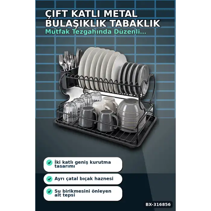 Çift Katlı Bulaşıklık Metal Lux Tabaklık, Mutfak Tezgah Üstü Düzenleyici BX-316856