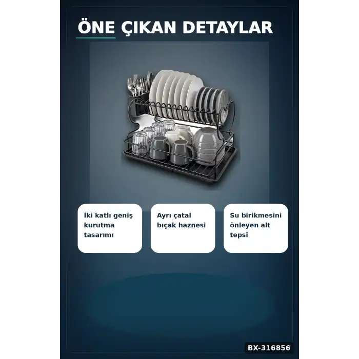 Çift Katlı Bulaşıklık Metal Lux Tabaklık, Mutfak Tezgah Üstü Düzenleyici BX-316856