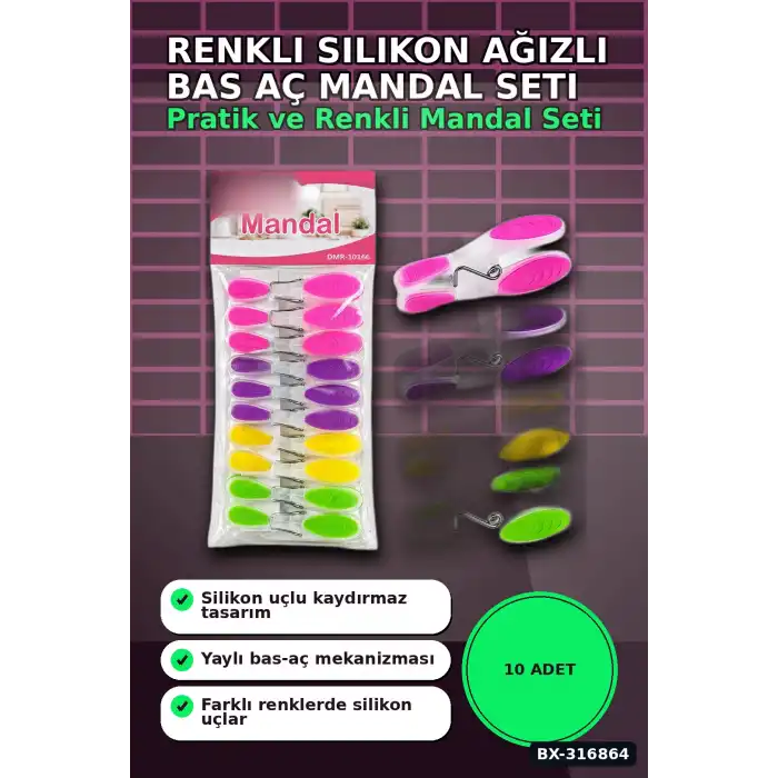 Plastik Mandal Seti Renkli Silikon Ağızlı Bas Aç Şeffaf Gövde - 10 Adet BX-316864