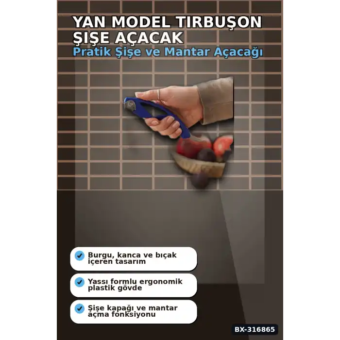 Tirbuşon Şişe Açacak Metal Ve Plastik Gövdeli Pratik Mutfak Yan Modeli BX-316865