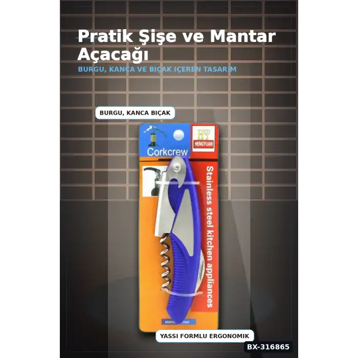 Tirbuşon Şişe Açacak Metal Ve Plastik Gövdeli Pratik Mutfak Yan Modeli BX-316865