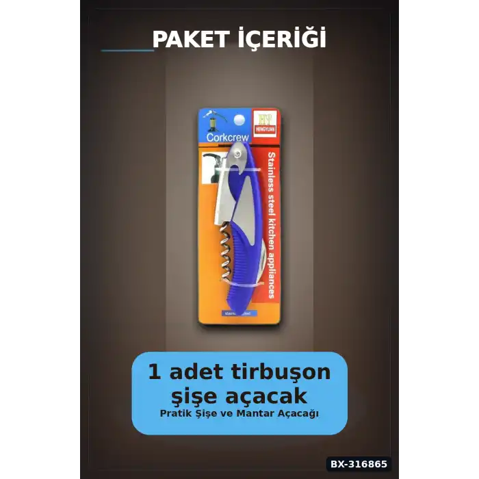 Tirbuşon Şişe Açacak Metal Ve Plastik Gövdeli Pratik Mutfak Yan Modeli BX-316865