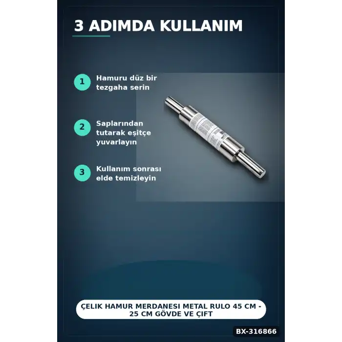 Çelik Hamur Merdanesi Metal Rulo 45 cm - 25 cm Gövde Ve Çift Saplı Mutfak Gereci BX-316866