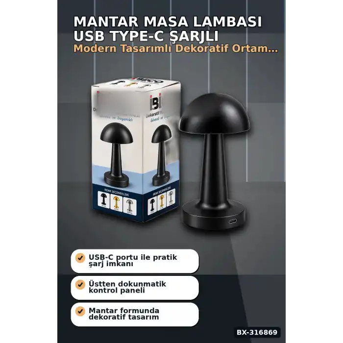 Mantar Masa Lambası Dokunmatik USB Type-C Şarjlı Oval Dekoratif Siyah Başucu Aydınlatma BX-316869