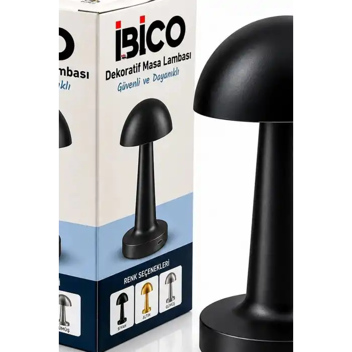 Mantar Masa Lambası Dokunmatik USB Type-C Şarjlı Oval Dekoratif Siyah Başucu Aydınlatma BX-316869