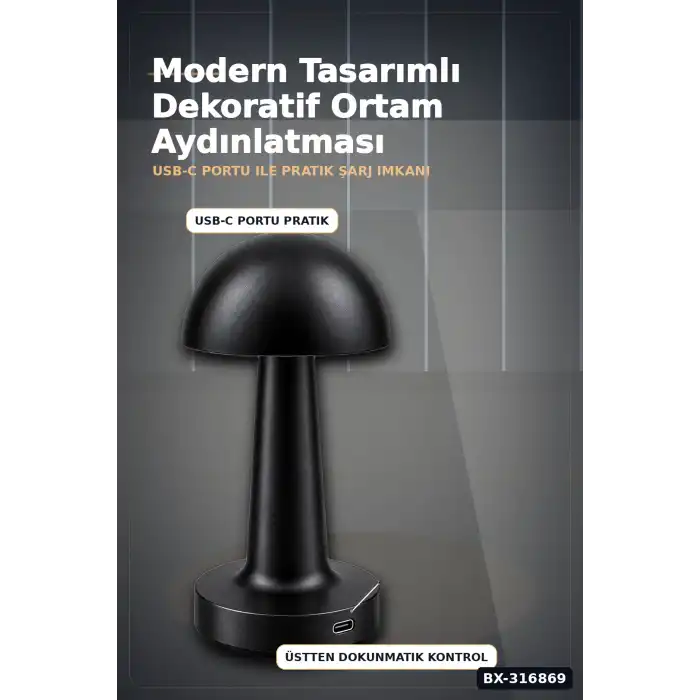Mantar Masa Lambası Dokunmatik USB Type-C Şarjlı Oval Dekoratif Siyah Başucu Aydınlatma BX-316869