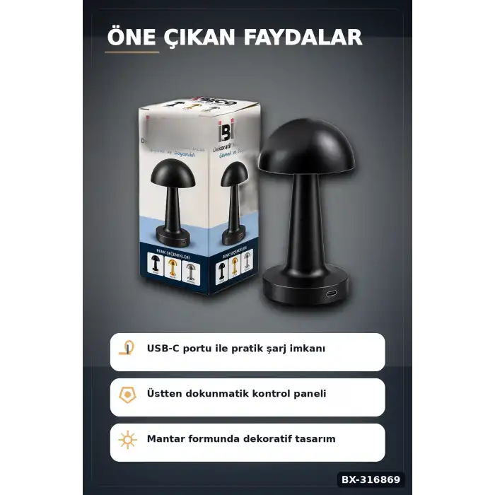 Mantar Masa Lambası Dokunmatik USB Type-C Şarjlı Oval Dekoratif Siyah Başucu Aydınlatma BX-316869