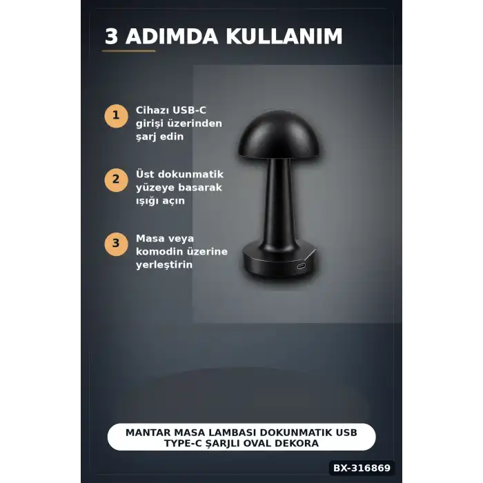 Mantar Masa Lambası Dokunmatik USB Type-C Şarjlı Oval Dekoratif Siyah Başucu Aydınlatma BX-316869